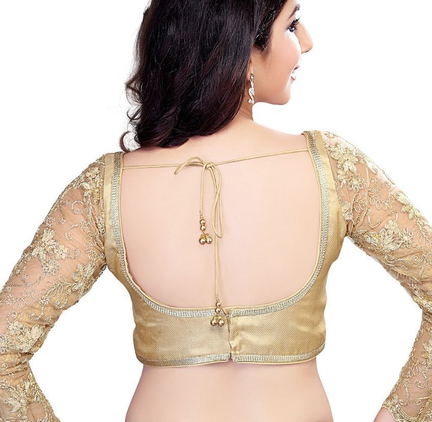 full sleeves golden net blouse back side