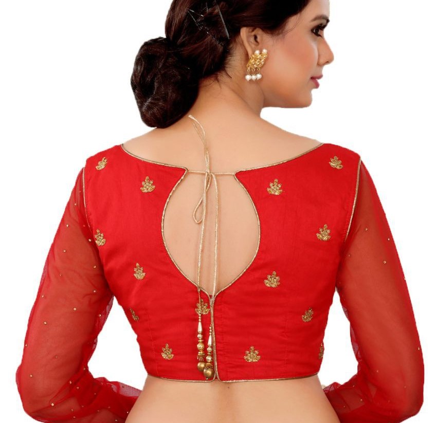 full sleeves red net blouse back design