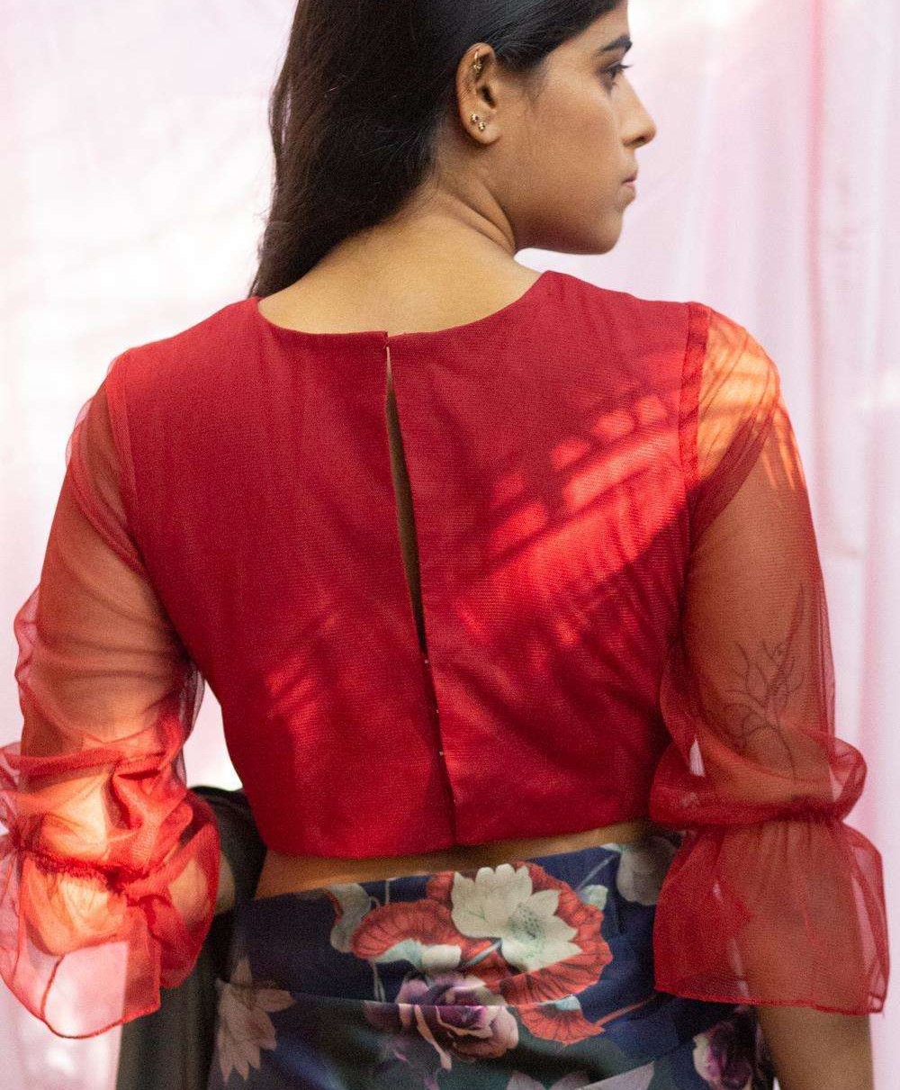full sleeves red net blouse design back side