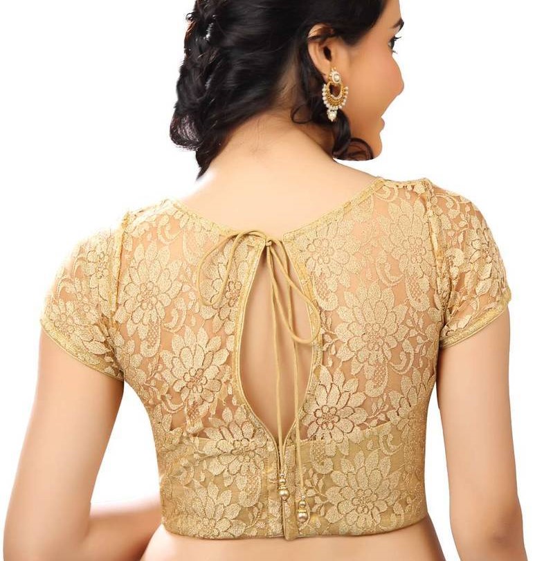 gold color net blouse design back neck