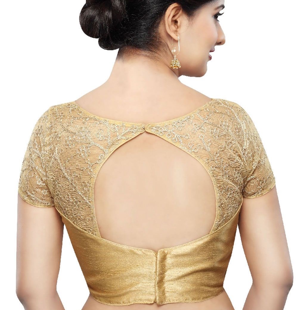 golden net blouse design back neck embroidered