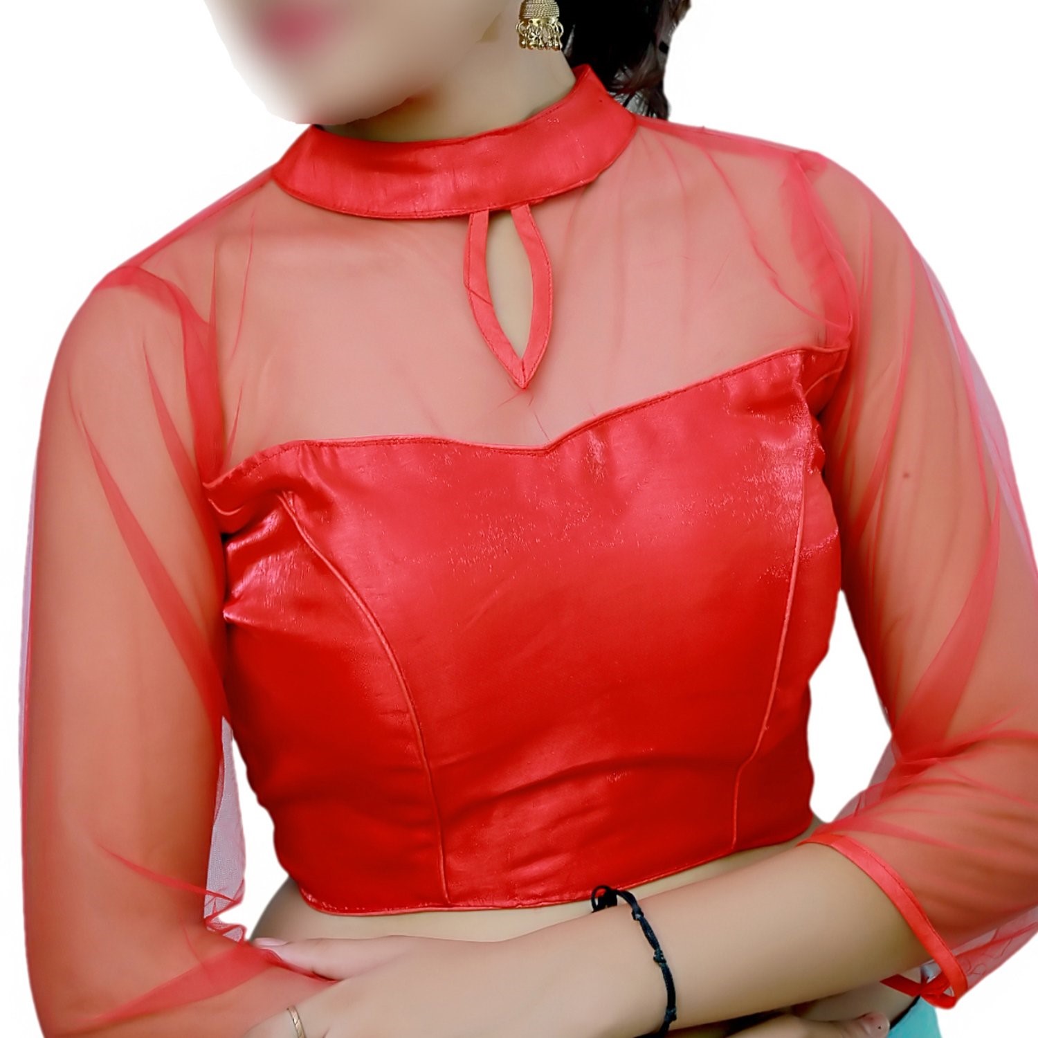 new red net blouse design full sleeves