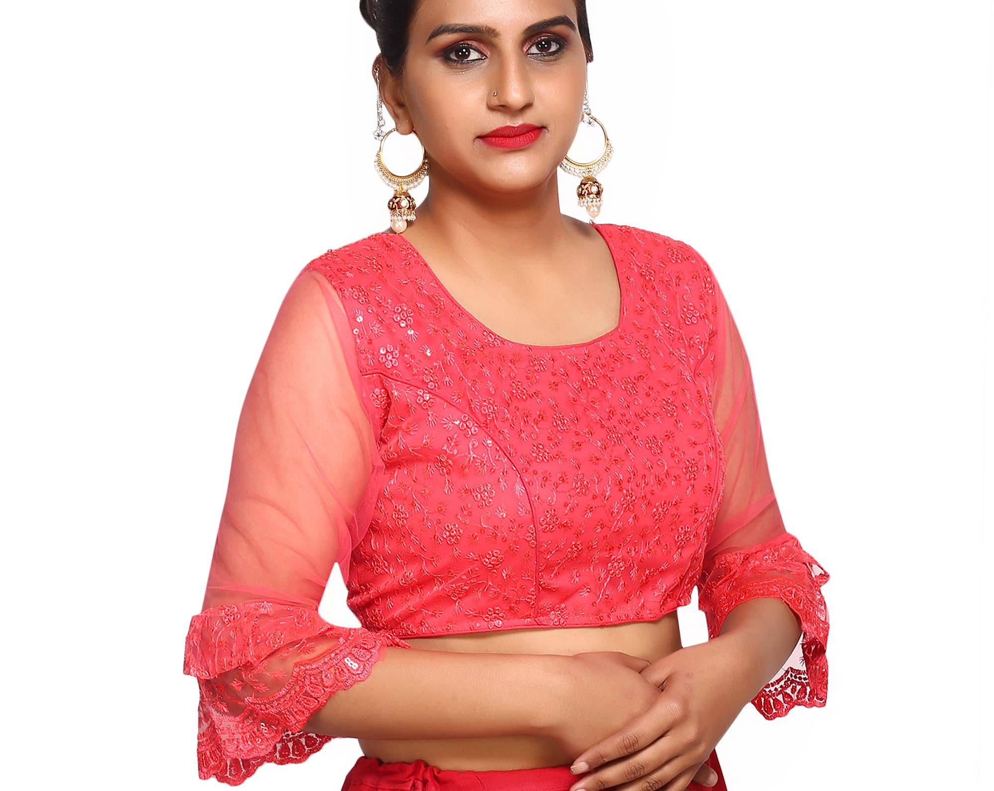 red color net blouse design with full sleeves