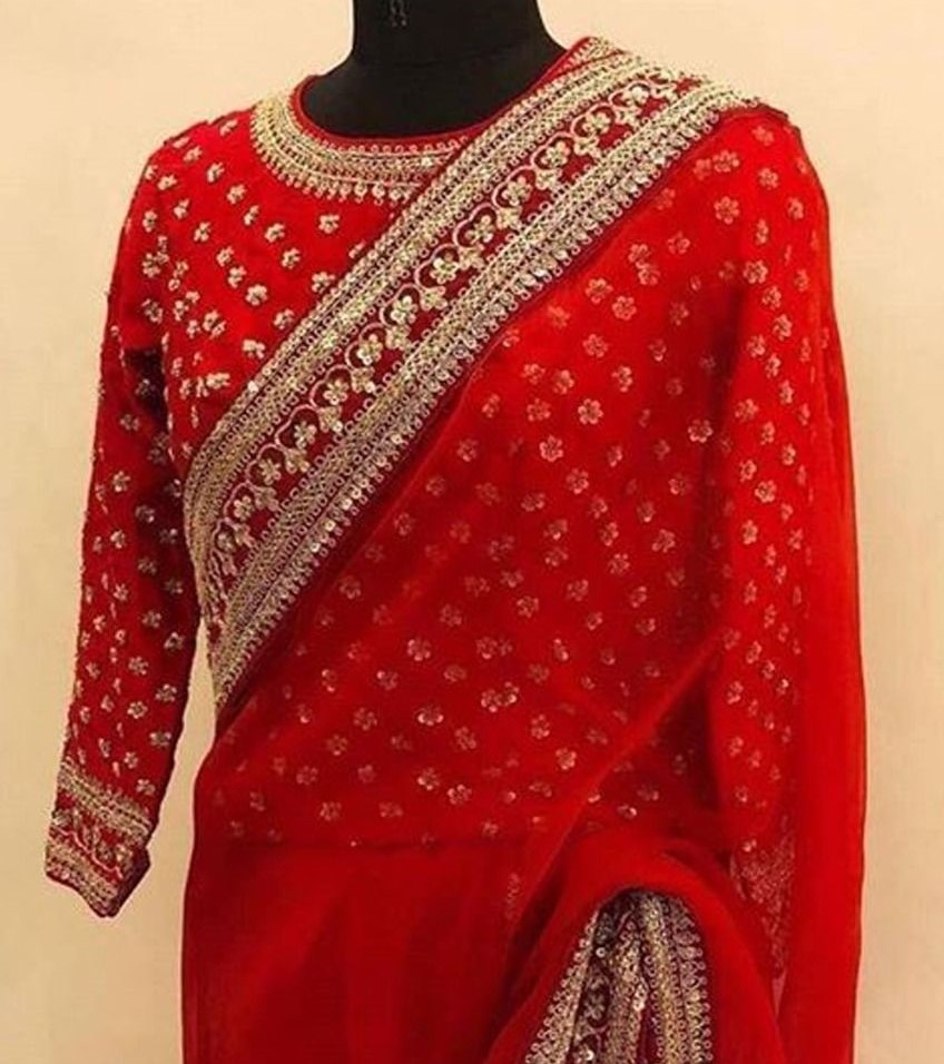 red saree with red blouse