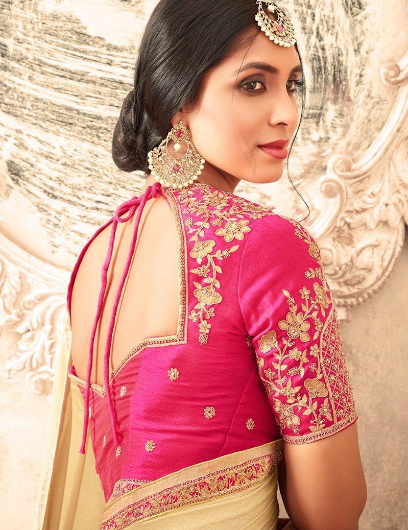 cream and pink embroidered saree blouse