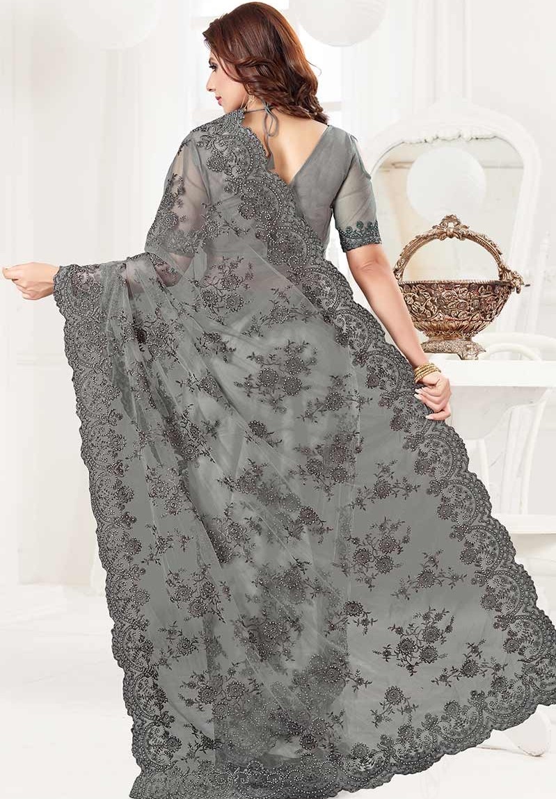 Embroidered net saree and blouse