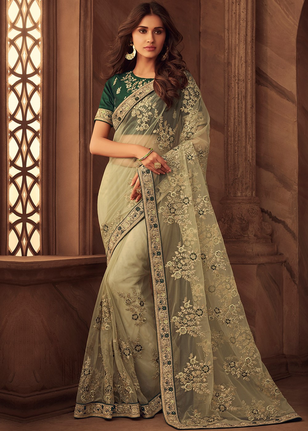 Pastel green net saree with blouse