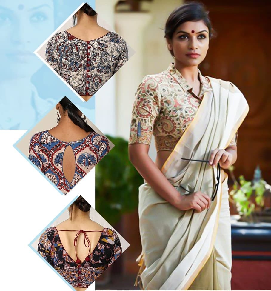 beautiful Kalamkari Blouse Designs For Plain Sarees