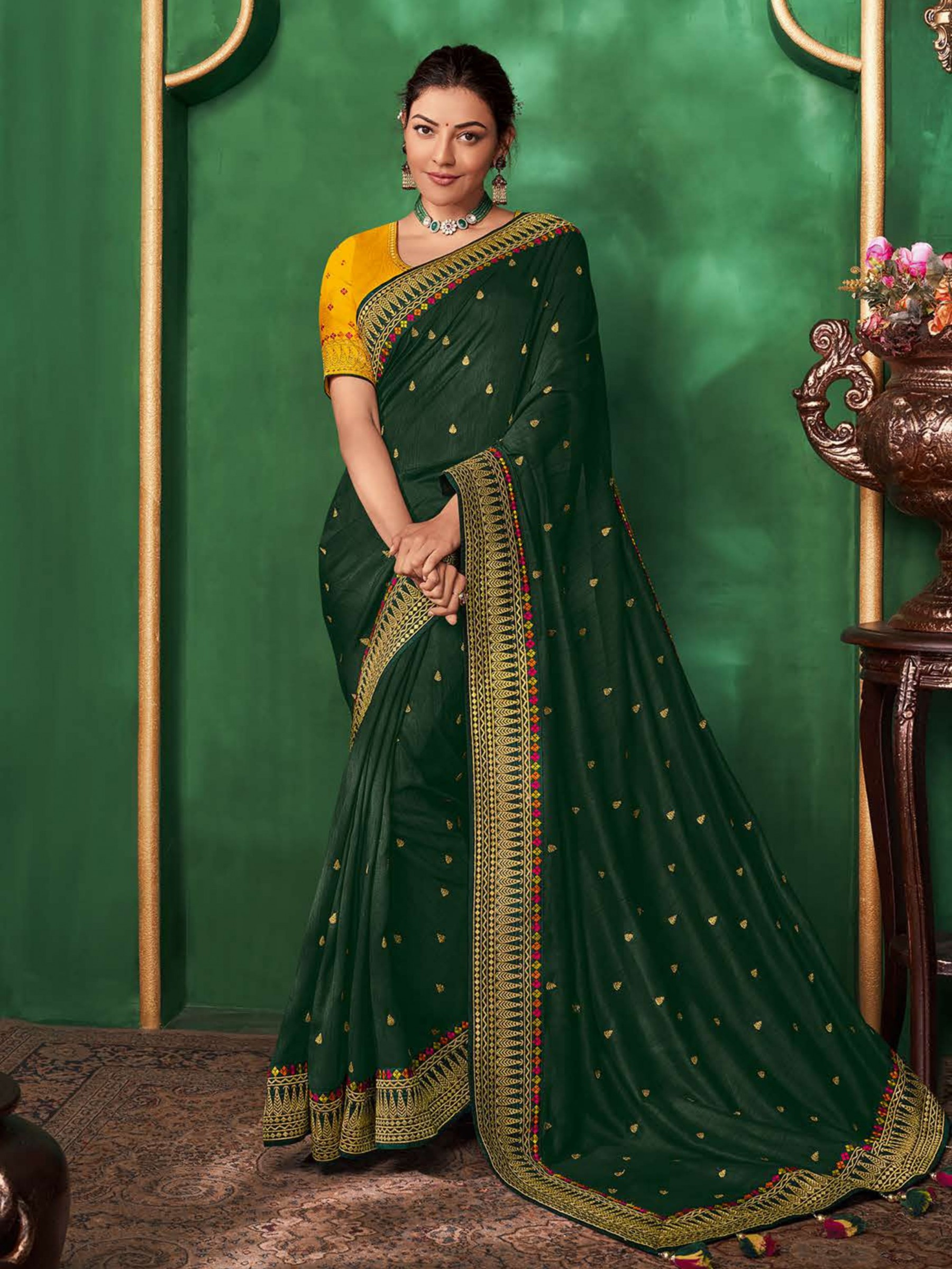 Viva N Diva Women's Dark Green Vichitra Silk Printed Saree With Blouse  Piece – Vpnam