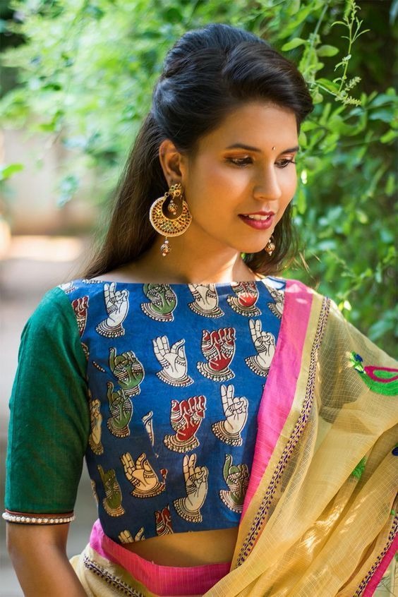 Green and Blue kalamkari blouse designs