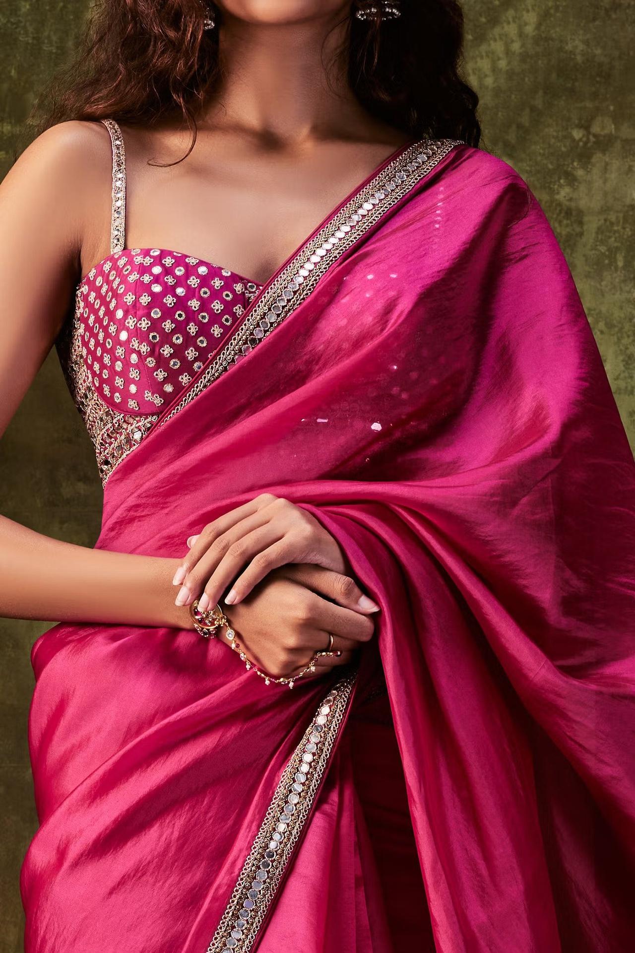 Hot Pink Silver Zari Saree Blouse Design