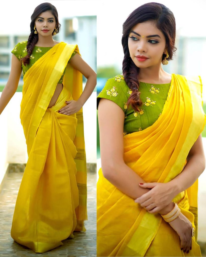 New Yellow Saree With Green Blouse Designs