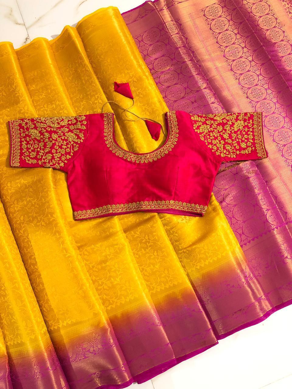 Trendy Yellow And Pink Saree Blouse Designs