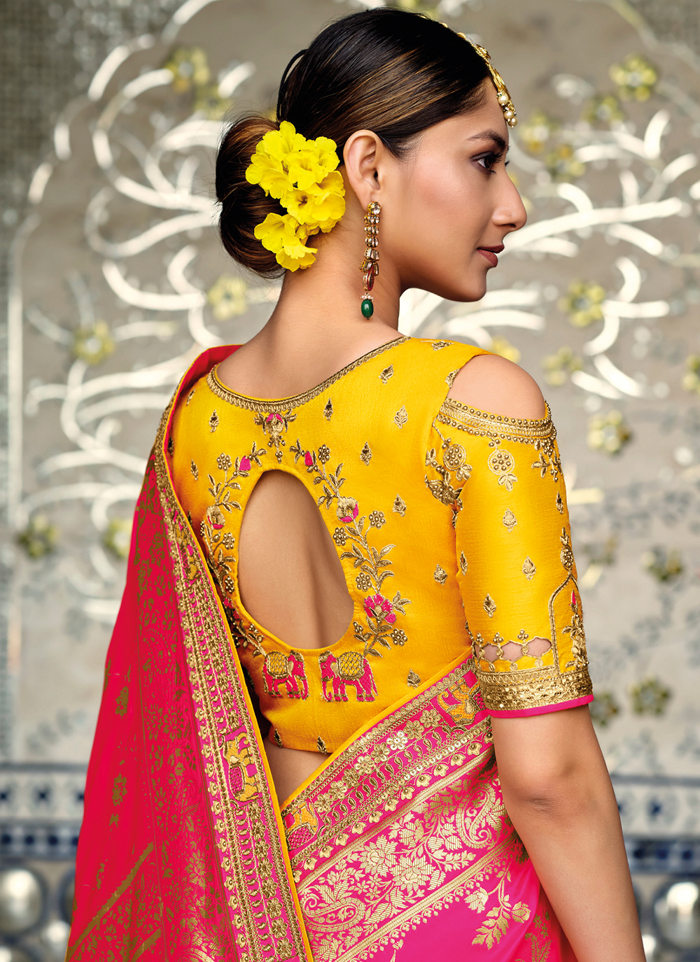 Yellow And Pink Saree Blouse Back Design
