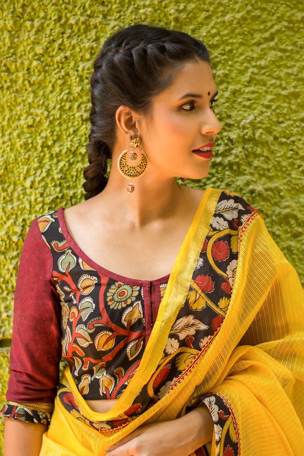 Yellow and Light Red kalamkari blouse designs